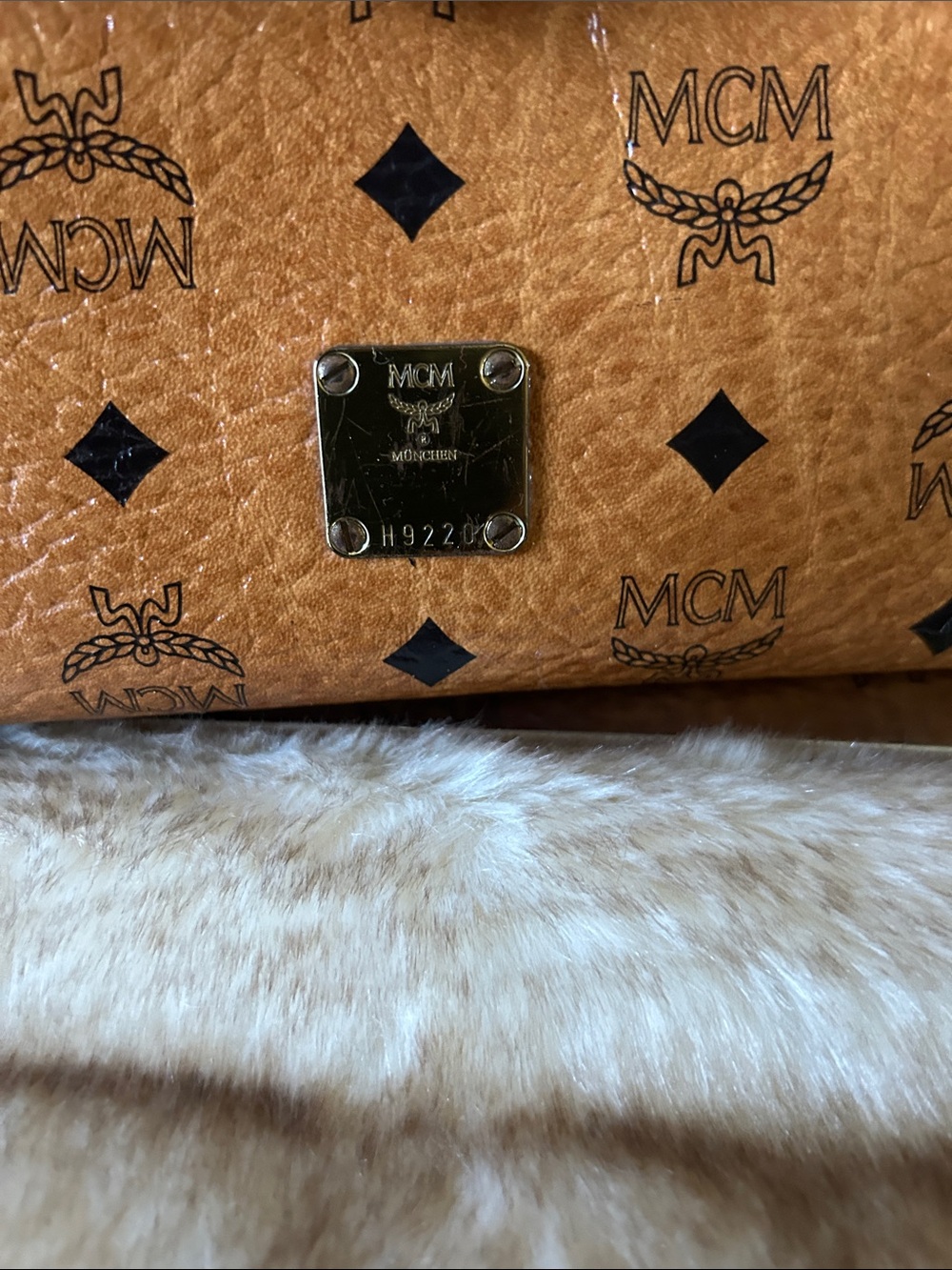 MCM Cognac Logo Visetos Top Handle Satchel with Gold Hardware lock w keys  COA - Picture 13 of 15